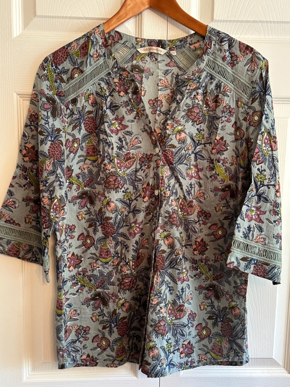 Soft Surroundings Light Blue Floral Button-Front blouse.